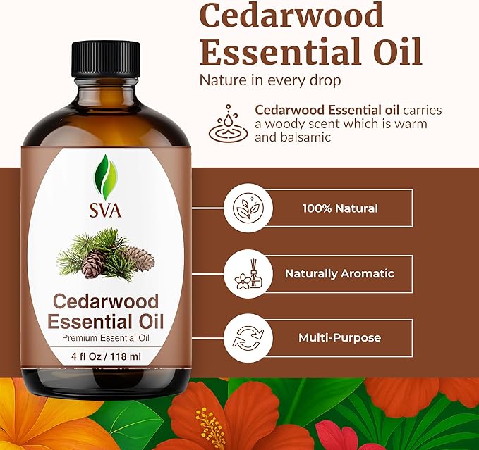 SVA Cedarwood Essential Oil 4 Fl Oz – for Diffuser, Skin & Hair Care – Ideal for Massage & DIY Blends - with Dropper