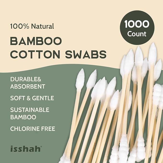 Isshah Natural Bamboo Cotton Swabs - Pointed & Spiral Tips - 1000 Count