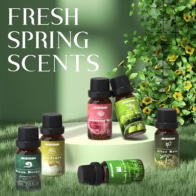 ARVIDSSON Spring Essential Oils Set, Natural Fragrance Oil for Diffuser - After Rain, Ocean Breeze, Fresh Cut Grass, Gardenia, Sweet Pea, Rose Sandalwood, Spring Scented Oil Gift Set