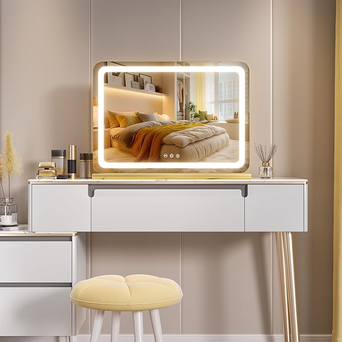 Hasipu Vanity Mirror with Lights, 22.8" x 18" LED Makeup Mirror, Lighted Makeup Mirror with Dimmable 3 Modes, Touch Screen Control Vanity Mirror Round Gold