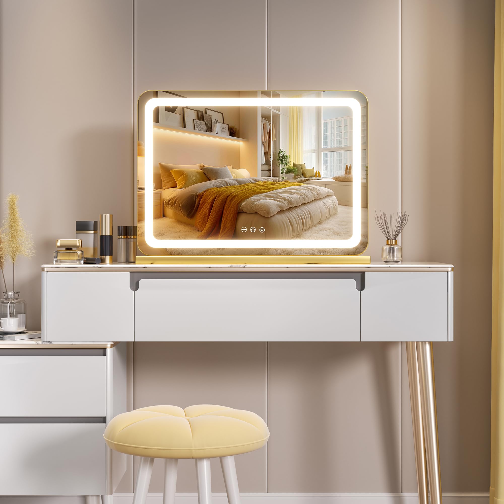 Hasipu Vanity Mirror with Lights, 31.5" x 22" LED Makeup Mirror, Lighted Makeup Mirror with Dimmable 3 Modes, Touch Screen Control Vanity Mirror Round Gold