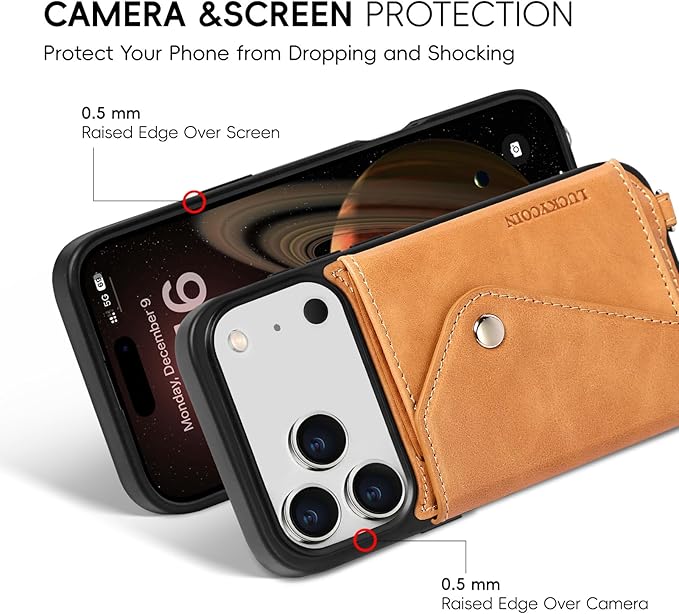 LUCKYCOIN Crossbody Phone Case for iPhone 17 Pro,100% Genuine Leather Phone Wallet Case for Women, Premium Hands-Free Phone Purse with Expandable Flip Card Holder & Adjustable Strap - Retro Tan