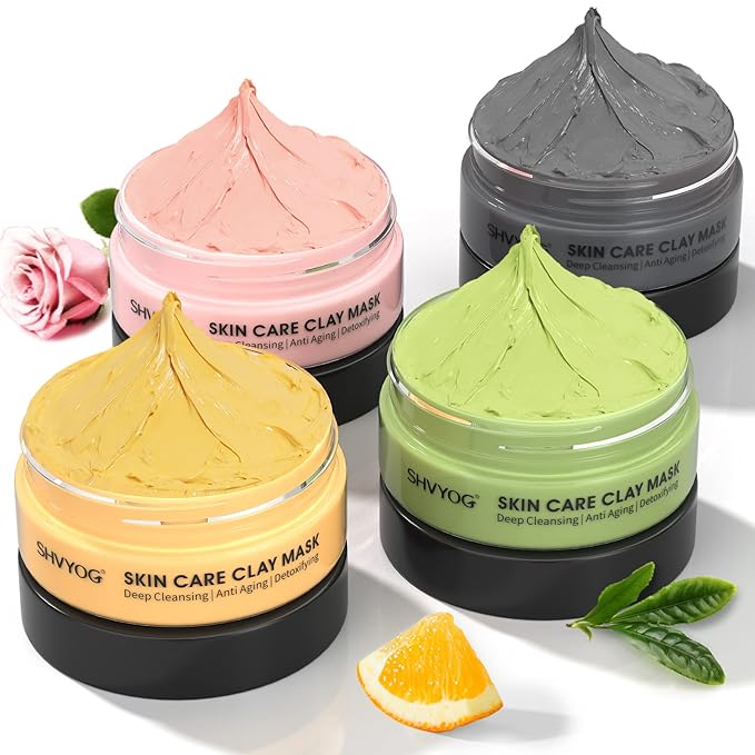 SHVYOG 4Pcs Face Mask Set - Turmeric Clay Mask, Vitamin C, Green Tea, Rose, Dead Sea Mud Mask, Skin Care Mask for Deep Cleansing, Refining Pores, Valentine's Day Gifts for Women- 240g