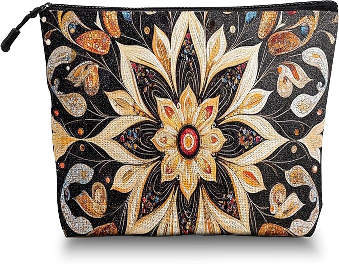 Scribesense Cosmetic Bags Travel Makeup Toilet Case Waterproof Pouch for Women Girls 6.7X9.45inches - Symmetrical Gold Flower Pattern