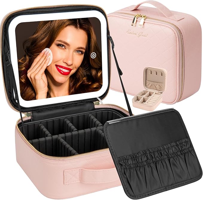 Makeup Travel Train Case with Mirror LED Light Portable Cosmetic Bag