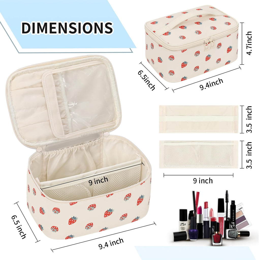 OCHEAL Makeup Bag,Travel Makeup Organizer Bag, Large Capacity Cosmetic Bags For Women Large Travel Toiletry Bag Girls Traveling With Brush Slot And Divider-PU Strawberry