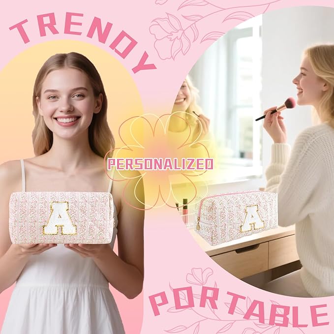 Personalized Quilted Cosmetic Bag, Puffy Monogrammed Christmas Birthday Gifts for Women & Girls, Cute initial Floral Makeup Bag Puffer Coquette Bag, Aesthetic Travel Toiletry Zipper Pouch(Pink,B)