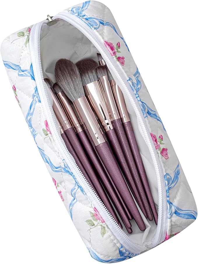 HHQQWZ Cute Floral Cotton Makeup Brush Cosmetic Bag for Women, Travel Quilted Zipper Make Up Bag, Flowers Toiletry Organizer Case Kawaii Makeup Cosmetic Travel Cloth Pouch (Blue Bowknot)