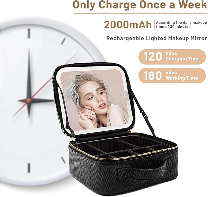PRALENA Travel Makeup Bag with LED Mirror – 3 Brightness Modes, Portable Lighted Makeup Case with Adjustable Dividers, Cosmetic Organizer Gift for Women (Black)