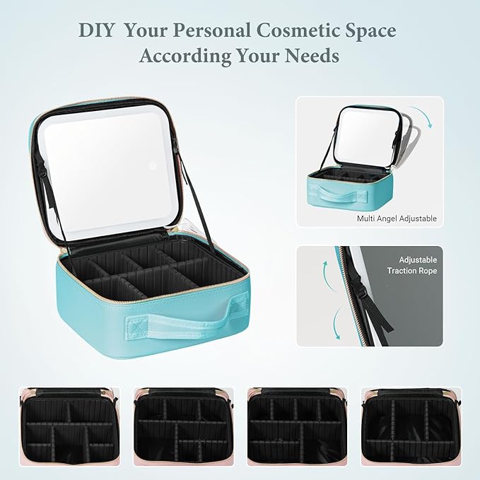 Behaesty Travel Makeup Bag with LED Lighted Mirror, Cosmetic Makeup Organizer Bag with 3 Color Setting, Makeup Train Case with Adjustable Dividers for Women Makeup Brushes Jewelry Accessories