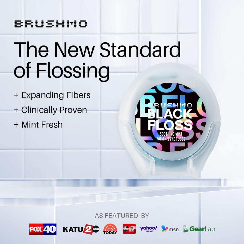 Brushmo Black Floss (BBFloss) - Expanding Floss, Gum-Friendly Soothing Mint Dental Floss, Natural Vegan Wax to Remove Plaque from Teeth, Dentist Designed PTFE & PFAS Free Oral Care, 2 Spools, 110 yd