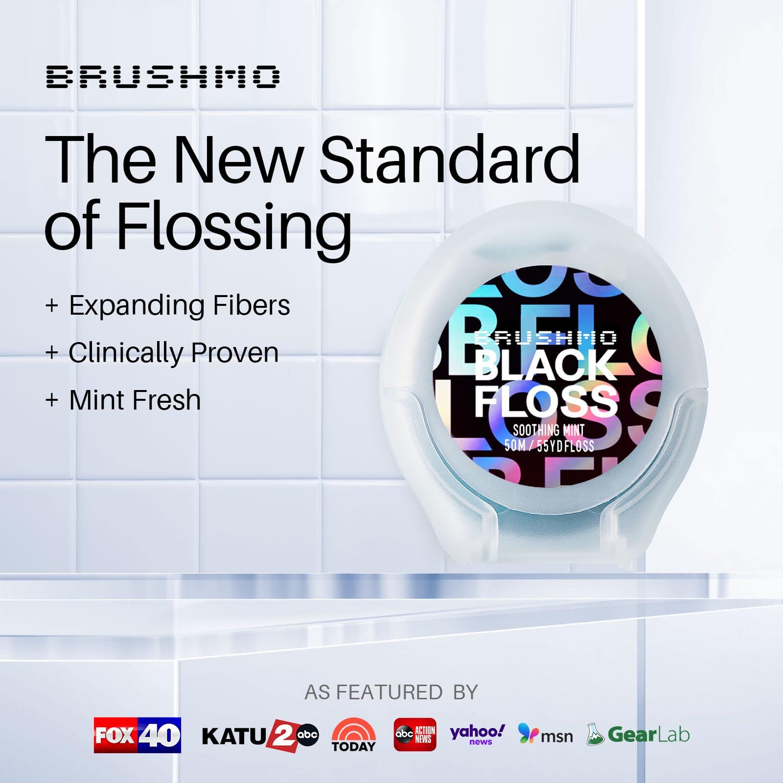 Brushmo Black Floss (BBFloss) - Expanding Floss, Gum-Friendly Soothing Mint Dental Floss, Natural Vegan Wax to Remove Plaque from Teeth, Dentist Designed PTFE & PFAS Free Oral Care, 2 Spools, 110 yd