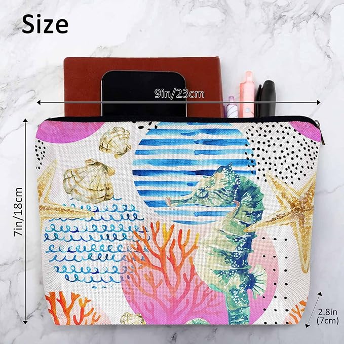 Kalygon Makeup Bag Seahorse Makeup Bags For Purse Pouch, Sea Animal Coral Reef Seashell Seahorses Travel Toiletry Bag Cosmetic Bag Makeup Bags Flax Makeup Organizer Bag Pencil Pouch For Man Woman