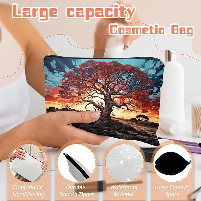 Scribesense Makeup Bag Travel Cosmetic Bags Small Makeup Case Waterproof Zipper Pouch for Women Girls 7X9inches - Gigantic Red Tree Against A Colorful Sky