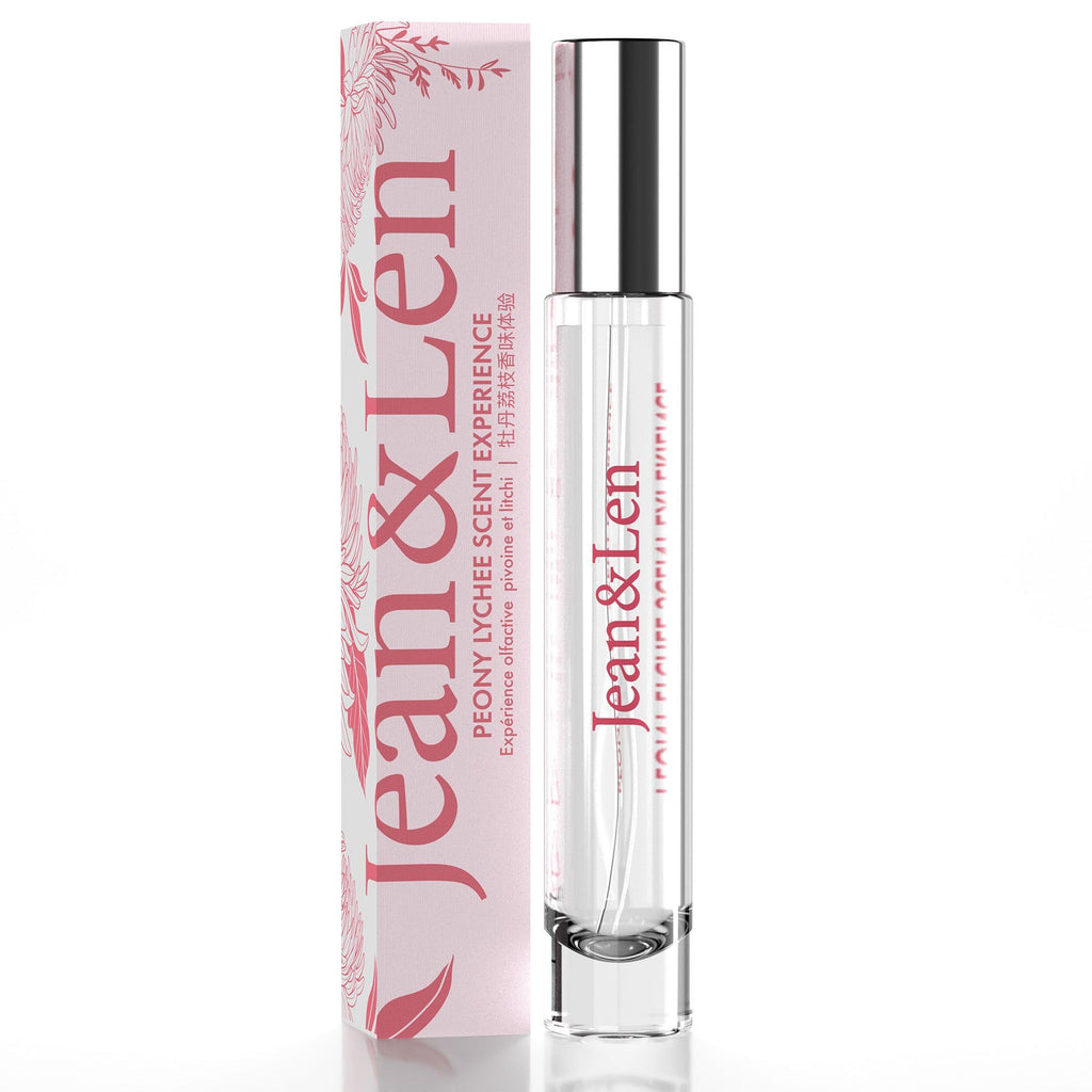 Jean & Len Scent Experience Peony & Lychee, Eau de Toilette with peony & lychee fragrance, practical mini perfume, ideal for on the go, minimalistic glass bottle, 0.34 Fl. Oz.