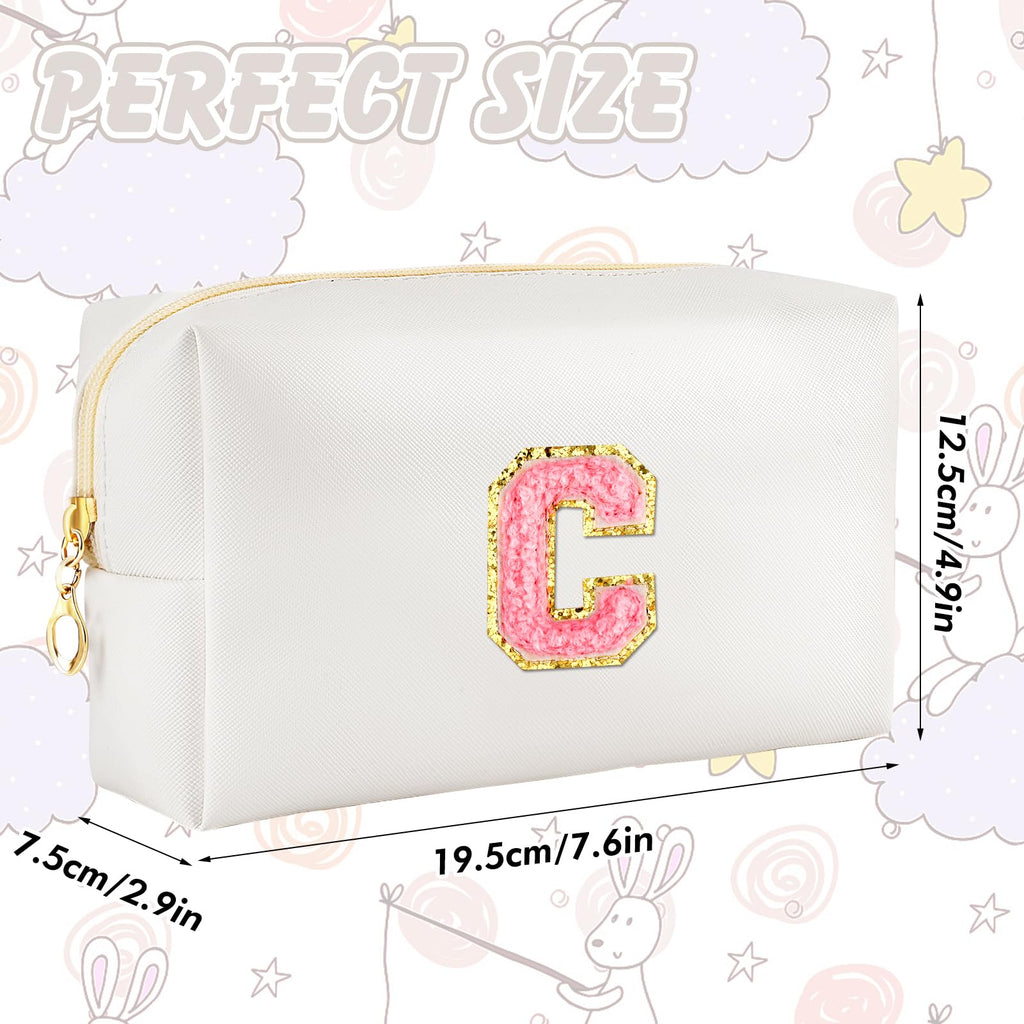 URSKYTOUS Initial Makeup Bag Personalized Preppy Travel Small Cosmetic Bag Cute PU White Chenille Letter Makeup Pouch for Purse Waterproof Zippered Toiletry Organizer for Women Girl Kid Friends(C)