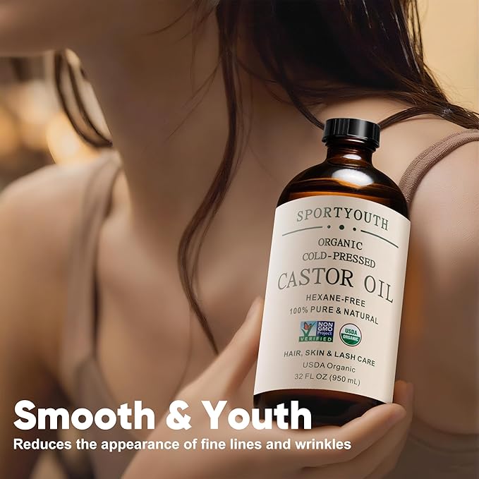 SPORTYOUTH Organic Castor Oil Cold Pressed 32oz Glass Bottle Big Volume
