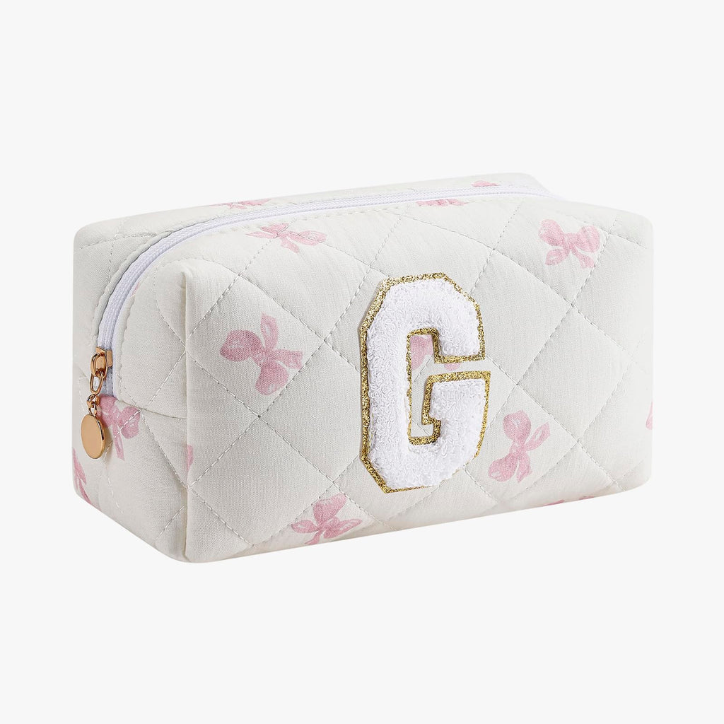Gleyemor Personalized Initial Makeup Bag for Women, Cute Quilted Pink Floral Cotton Cosmetic Bag, Christmas Gifts for Her Mom Friend Sister Bridesmaid Teacher Women G