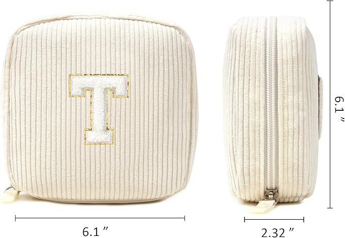 Cute Makeup Bag for Women - Monogram Personalized Initial Makeup Bags Cosmetic Pouch Make Up Case for Women Her Best Friend Friendship Sister Teacher, Birthday Gifts for Women (Letter T, Beige)