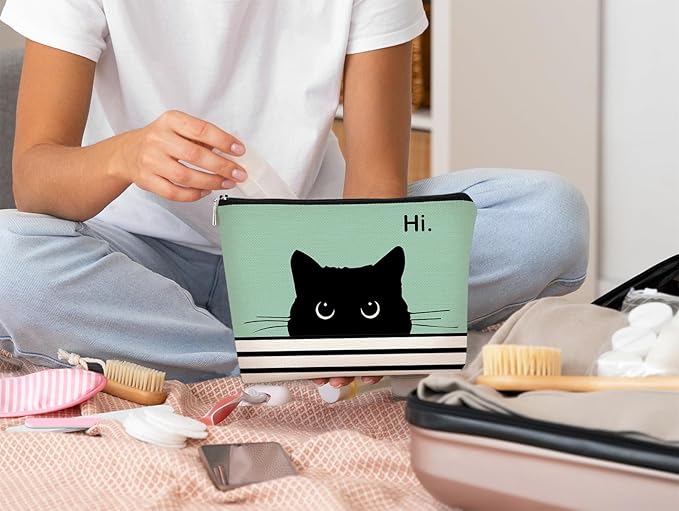 BARPERY Cute Makeup Bag - Cat Gifts for Lovers, Black Kitty Cosmetic Bag, Makeup Pouch (Teal)