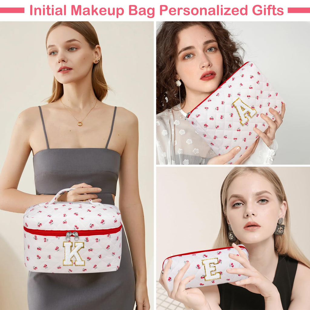 Initial Makeup Bag Set, Personalized Quilted Makeup Bag, Large Floral Cosmetic Bag for Women, Cute Cotton Custom Make up Bags, Flower Travel Toiletry Bag Teen Girl Gift Trendy Stuff Gift Red Cherry S