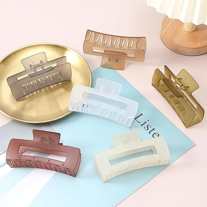 Sisiaipu 4 Inch Big Hair Claw Clips 6 Pcs Large Claw for Thick Hair Square Hair Clips for Women Rectangle Hair Clips Nonslip Acrylic Banana Jaw Clips Hair Accessories for Girls (Tea)