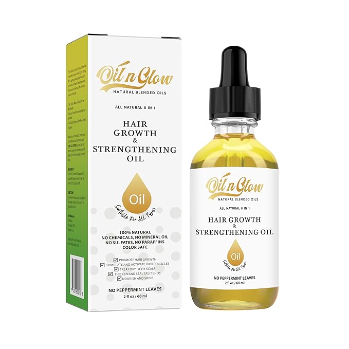 OilnGlow 8 in 1 Natural Hair Growth & Strengthening Oil with Rosemary, Castor, Vegan Jojoba, Coconut, Grape Seed, Ginger & Scalp DHT Blocker Peppermint Oil -2 FL
