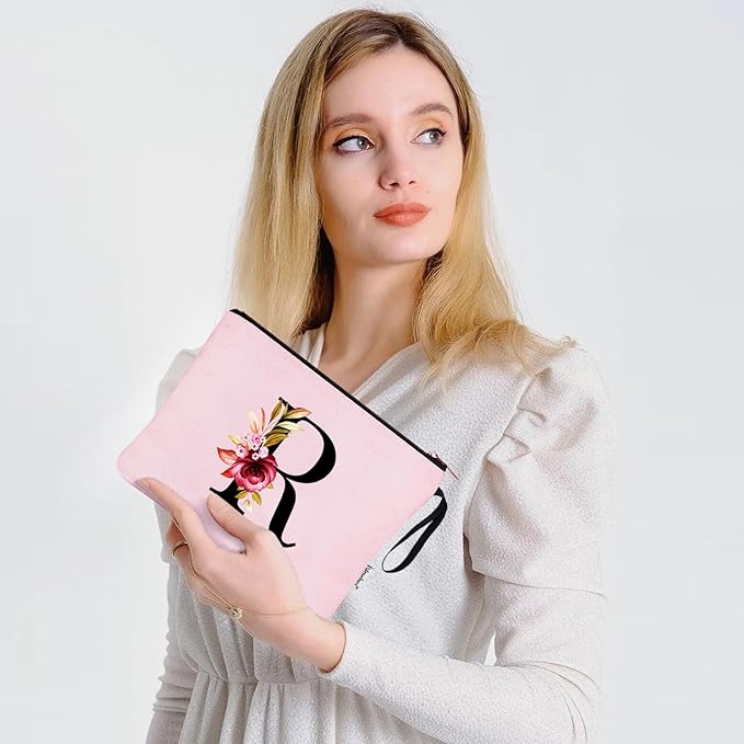 Vavabox A-Z Personalized Makeup Bag, Birthday Gifts for Women Mom, Gifts for Best Friend, Bride Bridesmaid Cosmetic bag (R, 06-Pink)