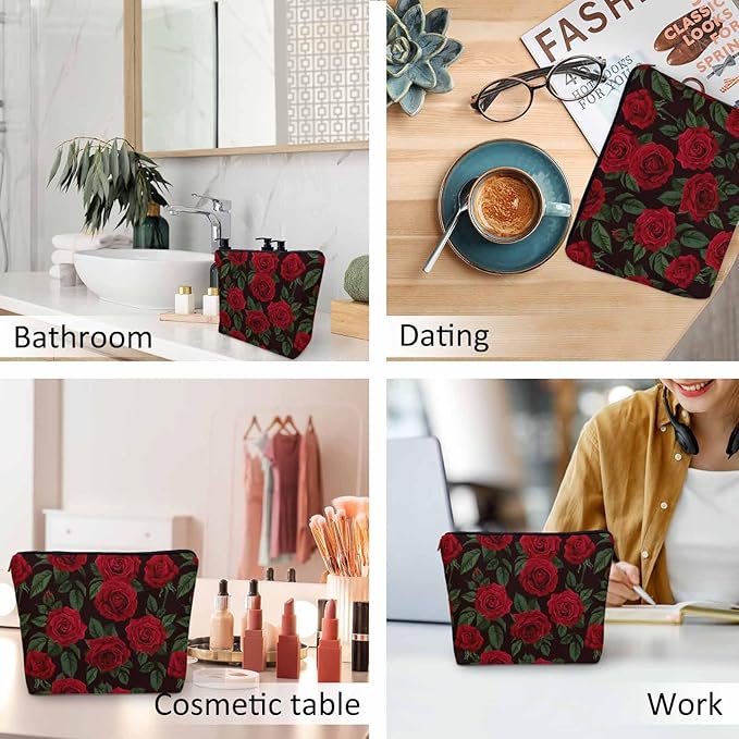 Kalygon Woman Rose Makeup Bag - Blossom Flower Roses Red Travel Cosmetic Bags Toiletry Makeup Organizer Pencil Pouch For Owners Lady Birthday Gifts