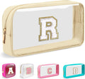 Small Clear Personalized Initial Makeup Bag,Nylon Preppy A-Z Chenille Letter Patch Cosmetic Pouch Beach Toiletry Bag,Waterproof Zipper Travel Purse Storage Bag Organizer for Women Girls(Beige-White R)