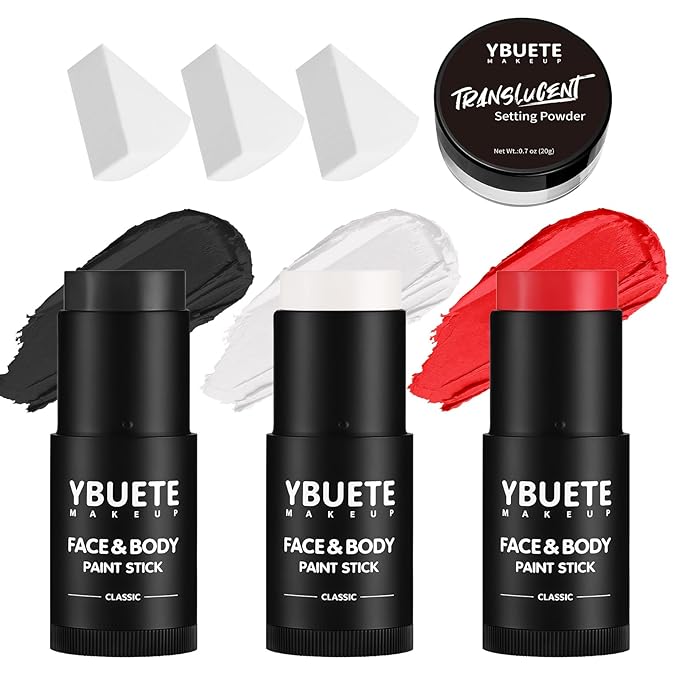 YBUETE Black White Red Face Body Paint Stick Set for Halloween Cosplay SFX