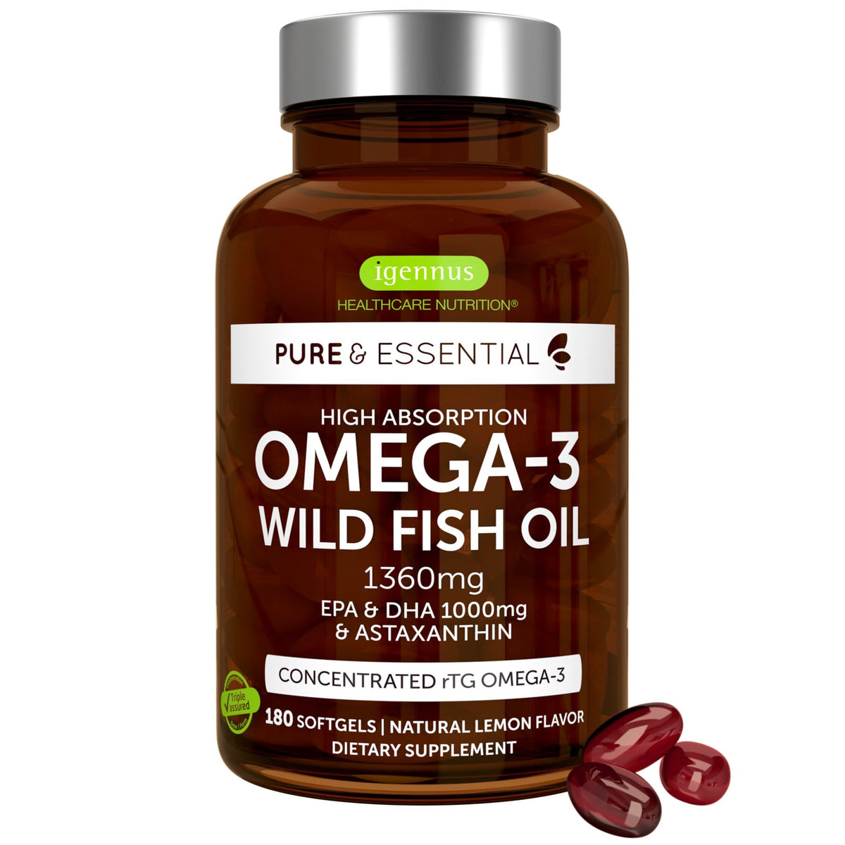 Igennus Ultra Pure Omega 3 rTG Wild Fish Oil 1360mg, 180 Softgels