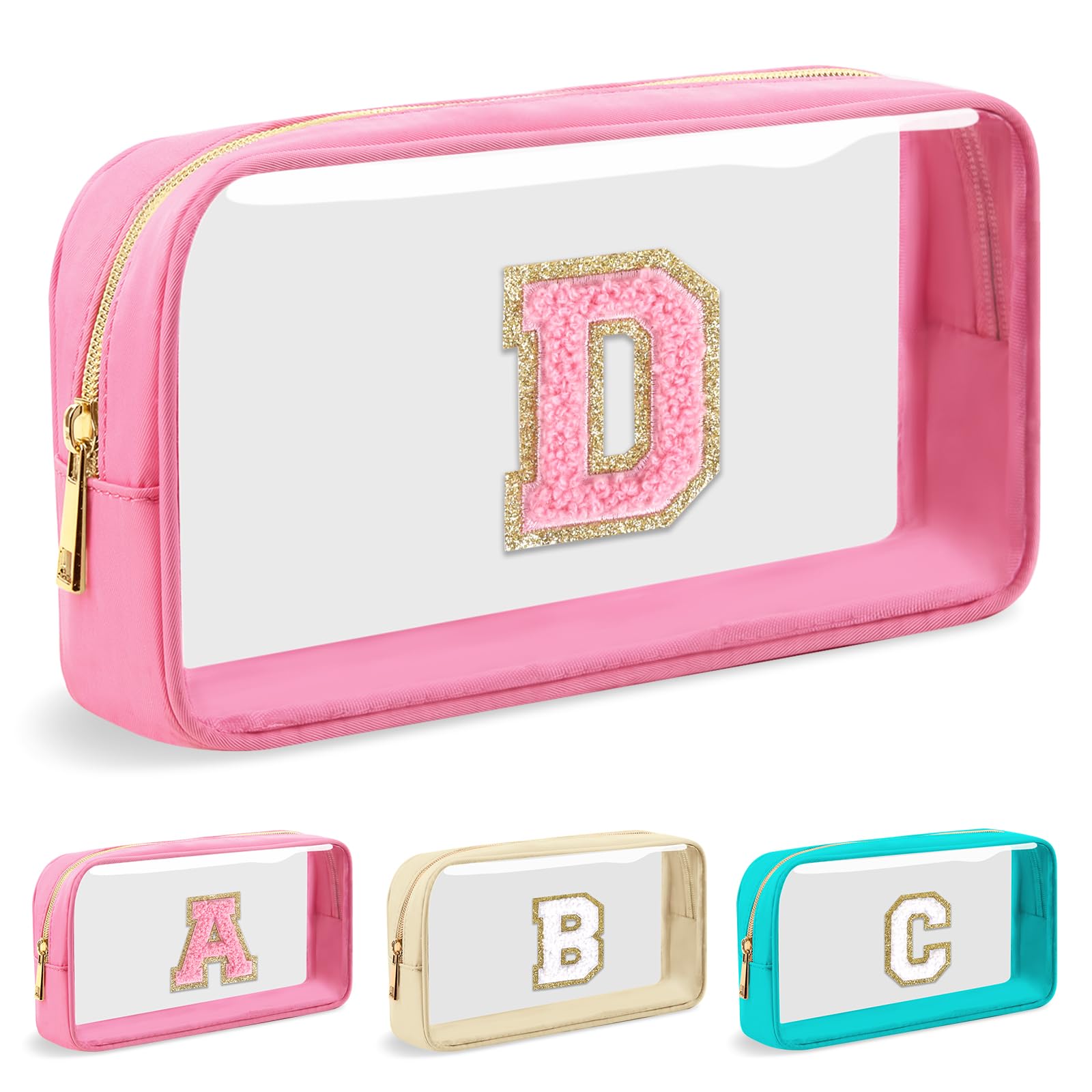 Personalized Initial Letter Clear Makeup Bag,Preppy Small Nylon&PVC Cosmetic Zipper Bag with Chenille Letter,Portable Beach Travel Skincare Toiletry Bag,Trendy Monogram Gift for Teen Girls Women,D
