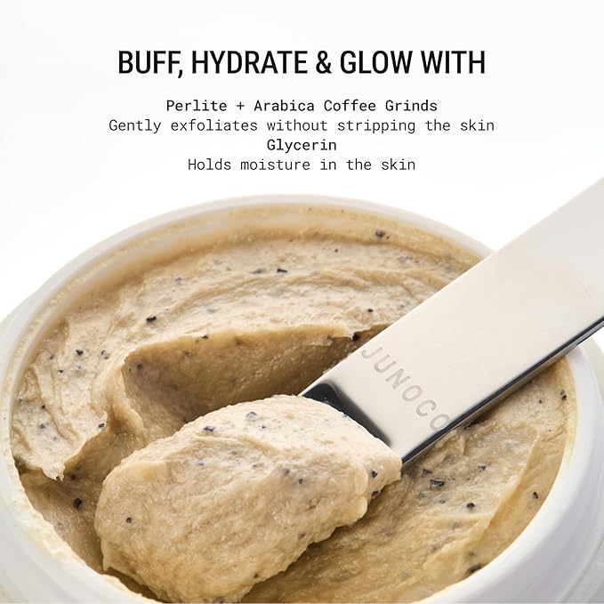 JUNOCO Silky Buffing Butter Scrub – Gentle Exfoliating Body Scrub for Smooth Skin, Creamy Body Polish with Perlite, Arabica Coffee Grinds & Glycerin, Pear-Floral Scent, 85 g