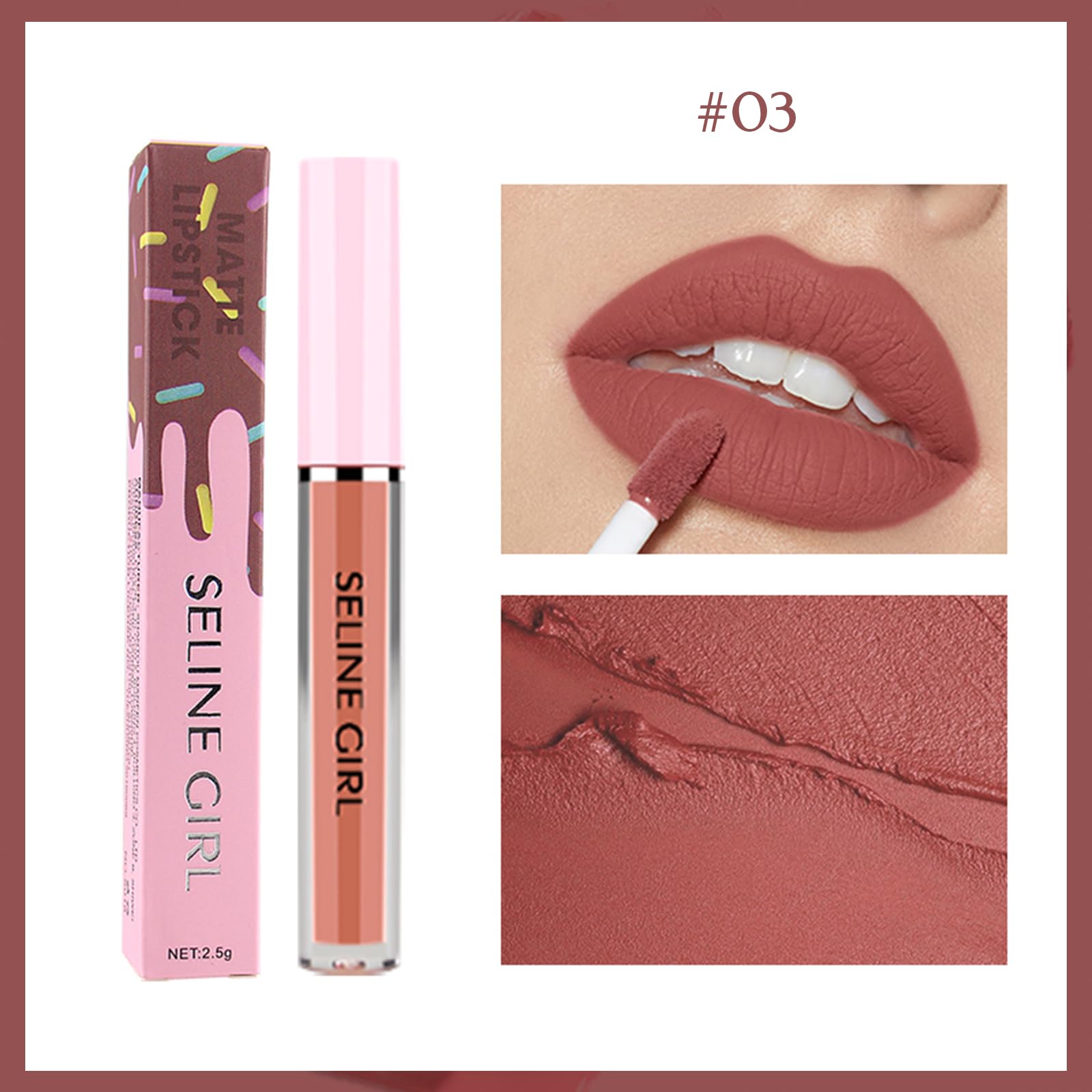 Eshioh Matte Lip Gloss, Lip Gloss Silky Smooth Finish, Lipgloss Makeup Colorful and Creamy Texture, Lipstick for Every Occasion, Lip Oil Moisturizing and Hydrated #03