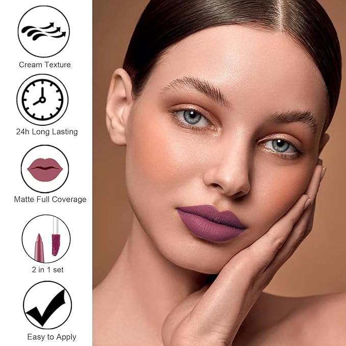 Rosarden 2Pcs Matte Lipstick and Lip Liner Set, Cream Nude Mauve Long Lasting Waterproof Lipliner Pencil & Plumper Lip Gloss, Retractable Lip Liner and Liquid Lipstick for Women Girls Lip Makeup (#02)