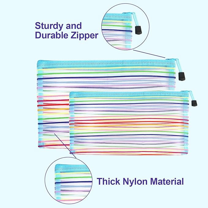 CarryEpic Mesh Bags with Zipper (6 Pack), Nylon Makeup Bag Cosmetic Pouches Travel Organizer Case for Purse Diaper Bag Home Organizing Striped Multi Size Blue