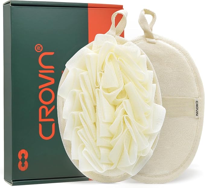 Crovin Bath Puff Shower Sponge - Premium Large 5x7 Exfoliating Pouf Mesh Sponge - 2 Count Loofahs Shower Scrubber for Men and Women-Elastic Hand Strap Body Scrub to Soothe, Cleanse Your Body