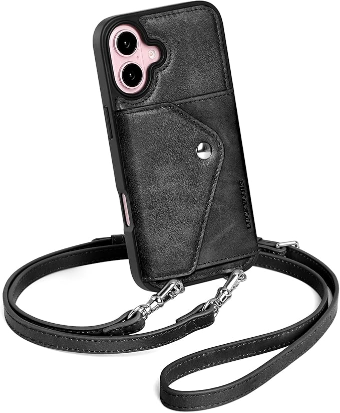 LUCKYCOIN Crossbody Phone Case for iPhone 16,100% Genuine Leather Phone Wallet Case for Women, Fashion Premium Hands-Free Phone Purse with Expandable Flip Card Holder & Adjustable Strap - Retro Black