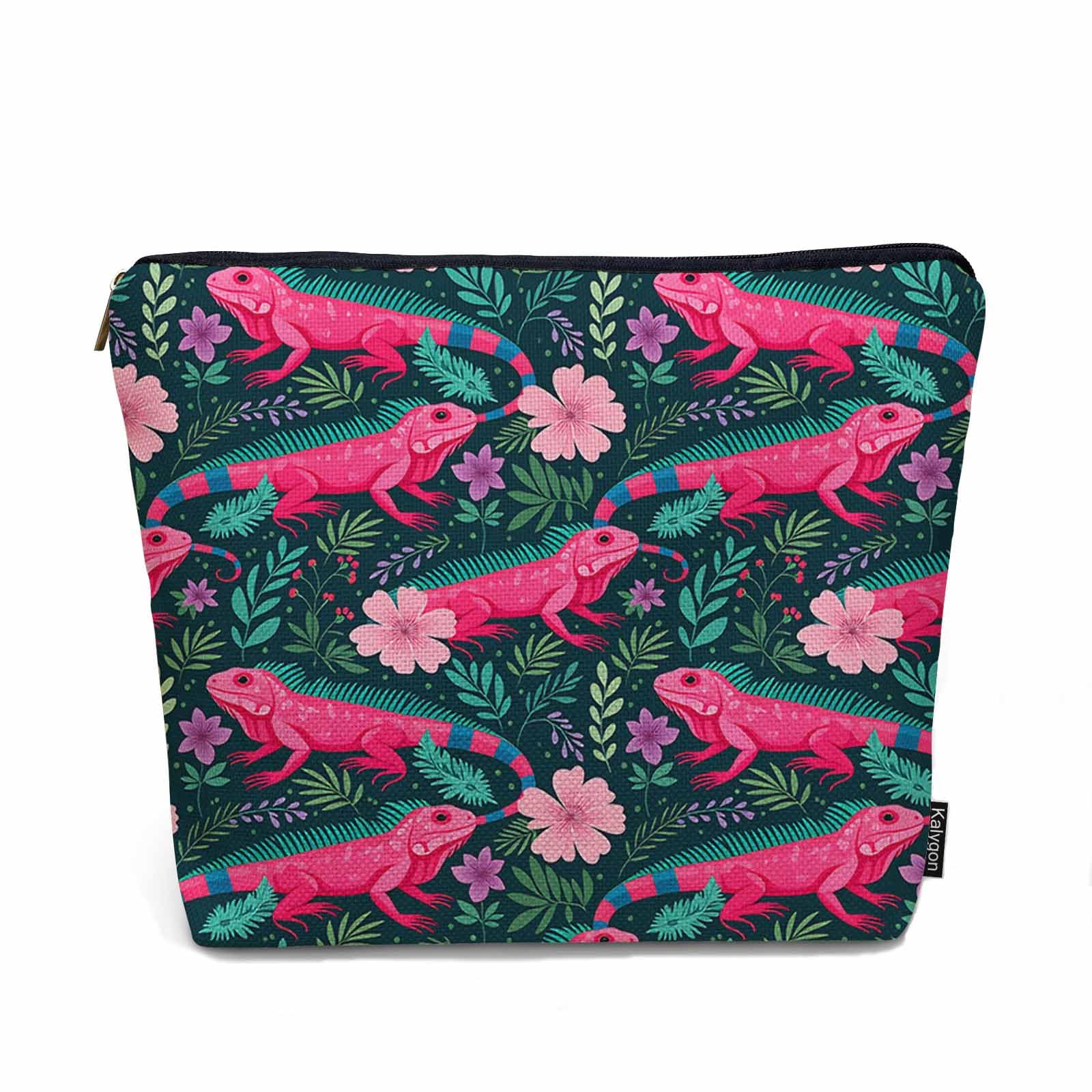 Kalygon Lizard Cosmetic Travel Bag For Toiletries, Tropical Animal Floral Lizard Makeup Bag Toiletry Bags For Women, Flax Cosmetic Bags Make Up Bag Purse Toiletries Bag Birthday Gift
