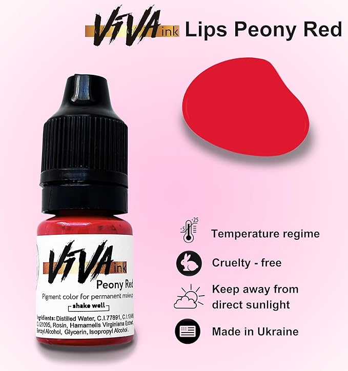 VIVA INK Lip Pigment – Peony Red – Permanent Lip Makeup – Microblading Ink for Durable and Colorful Lips – Long Lasting Color Lip Cosmetics (0.2 oz)