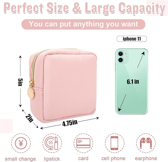 Nylon Mini Makeup Bag for Purse, Preppy Small Cute Pink Makeup Bag Cosmetic Zipper Pouch Purse, Waterproof Travel Coin Pouch Sanitary Napkin Storage Bag Clutch Makeup Organizer for Women Girls(Pink)