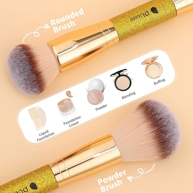DUcare Dual End Powder Kabuki Makeup Brush Gold Glitter Vegan Synthetic for Liquid Cream Setting Powder