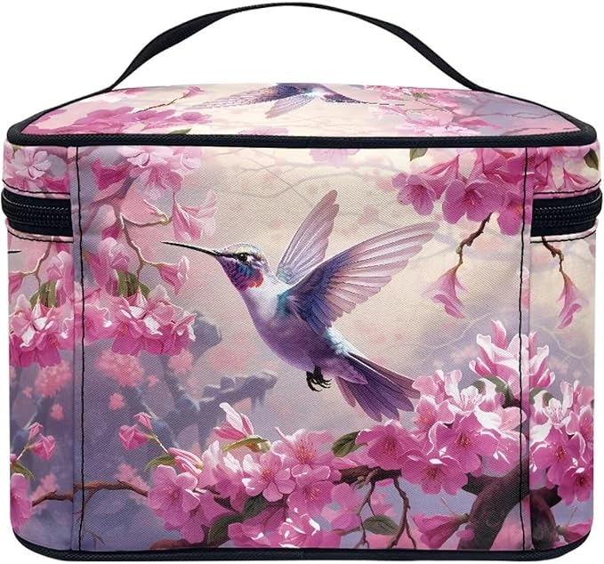 Drydeepin Hummingbird and Pink Flowers Print Travel Makeup Bags for Women Portable Tote Cosmetic Case with Carry Handle Toiletry Accessories Storage Organizer Bags
