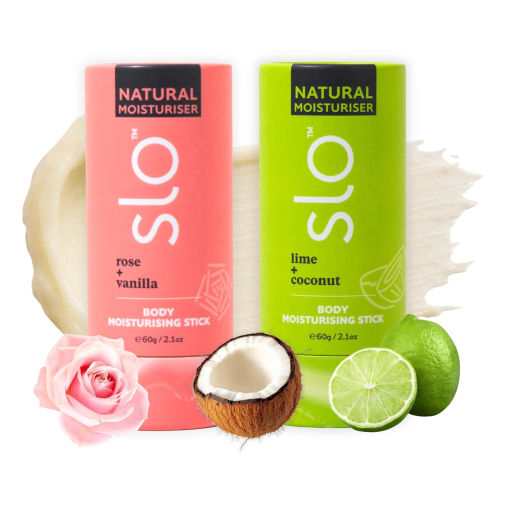 Slo 2-Pack Moisturizing Stick - Solid Body Balm with Organic Ingredients - Hydrates & Nourishes - Cocoa Butter, Coconut Oil and Vitamin E - Travel-Friendly - Rose Vanilla & Lime Coconut (2x2.1oz/60g)