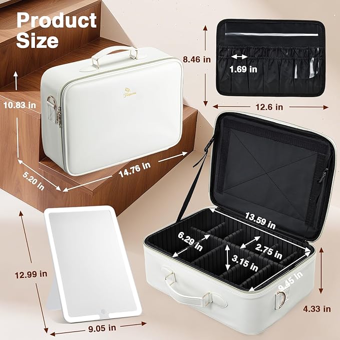 Faquenc Large Makeup Bag with LED Mirror,15”Cosmetic Train Case for Makeup Artists,Travel Makeup Organizer Case w Divider Rechargeable Vanity Mirror with 3 Color Lights for Barber,MUA,Nail Tech, Beige