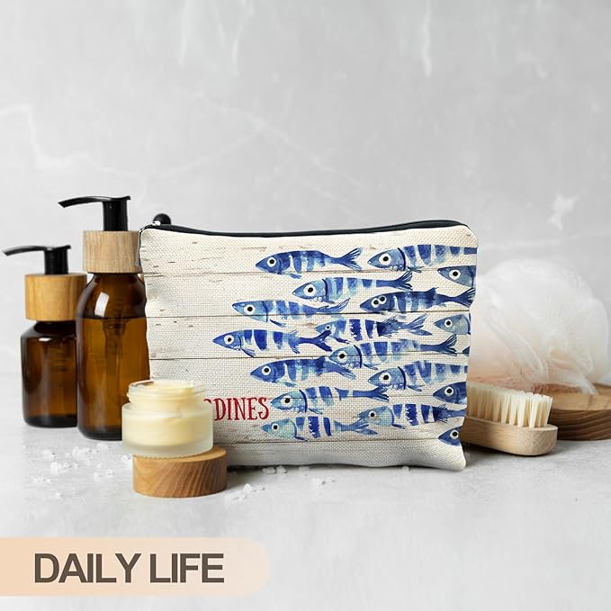 RYYCDOI Vintage Sardine Fish Makeup Bag, Ocean Beach Lovers Gifts Cosmetic Bags for Women, Gifts for Fishing Lovers, Retro Nautical Beach Zipper Makeup Pouch