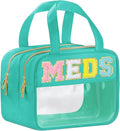 BuyCard Chenille Letter Clear Medicine Makeup Bag for Travel, Preppy Patch Nylon Cosmetic Meds Pouch with Handles and Zipper, Waterproof Large Travel Toiletry Purse Storage for Women Green