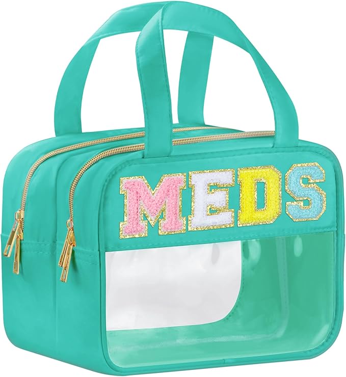BuyCard Chenille Letter Clear Medicine Makeup Bag for Travel, Preppy Patch Nylon Cosmetic Meds Pouch with Handles and Zipper, Waterproof Large Travel Toiletry Purse Storage for Women Green