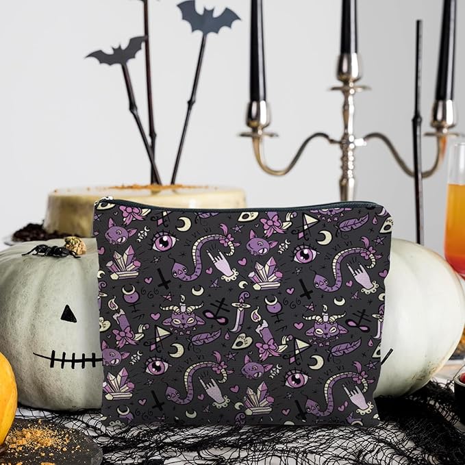 RYYCDOI Purple and Black Halloween Makeup Bag, Witchy Gothic Makeup Bag, Snake Pattern, Waterproof Linen, Unisex-Adult